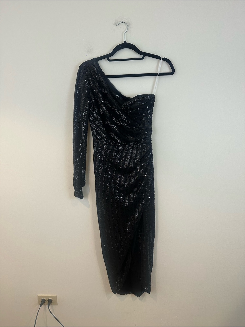 Lulu's Black One-Shoulder Sequin Midi Dress Bodycon Size Small Women's